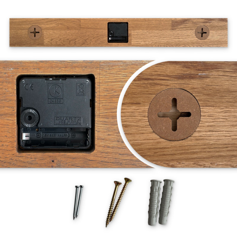 Wooden clock with a horizontal wooden element and black Arabic numerals, suitable for the living room.