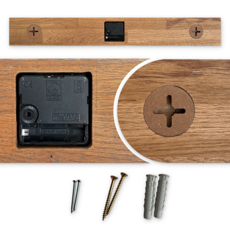 Wooden clock with a horizontal wooden element and black Arabic numerals, suitable for the living room. Wooden clock with a horizontal wooden element and black Arabic numerals, suitable for the living room.