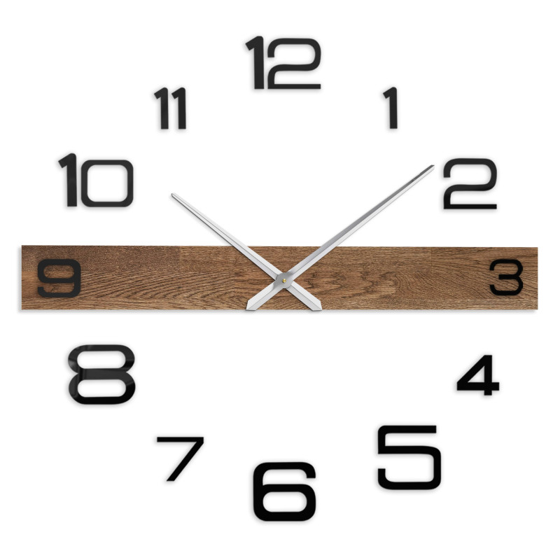 Modern wall clock with a wooden center bar and black, separate digits.