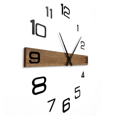 Elegant wall clock with a wooden base and loosely spaced black hour markers. Elegant wall clock with a wooden base and loosely spaced black hour markers.