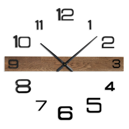 Modern wall clock with a wooden center bar and black, separate digits. Modern wall clock with a wooden center bar and black, separate digits.