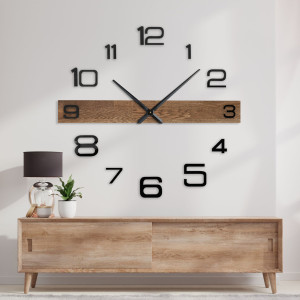 Modern wall clock with a wooden center bar and black, separate digits. 2