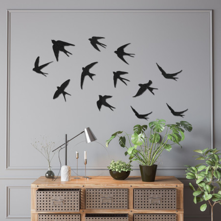 This design features minimalist wooden decorations in the shape of swallows in summer.