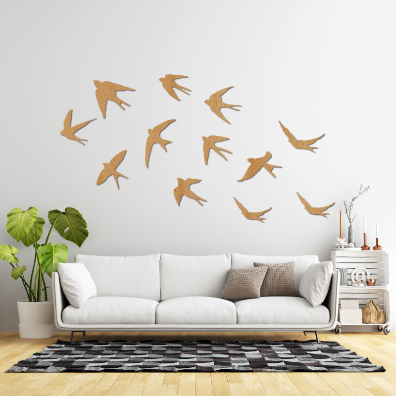 This design features minimalist wooden decorations in the shape of swallows in summer.