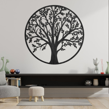 Stylish wooden tree of life in a circular design. A natural decoration that will add warmth and unique character to the space.