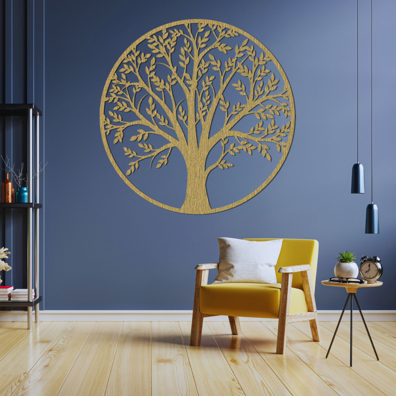 Stylish wooden tree of life in a circular design. A natural decoration that will add warmth and unique character to the space.