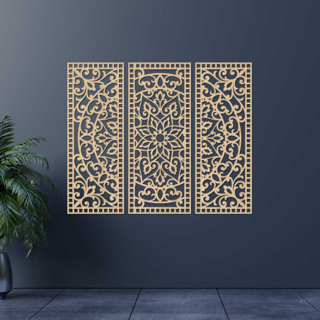 Floral Mandala Wood Wall Art Set: Boho Chic Carved Triptych