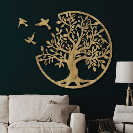 wooden wall painting tree with birds