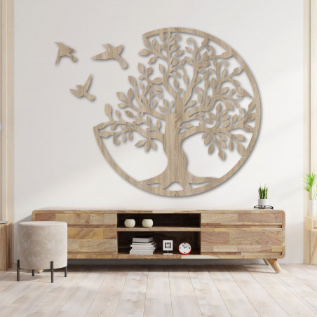 Modern wooden wall painting tree with birds