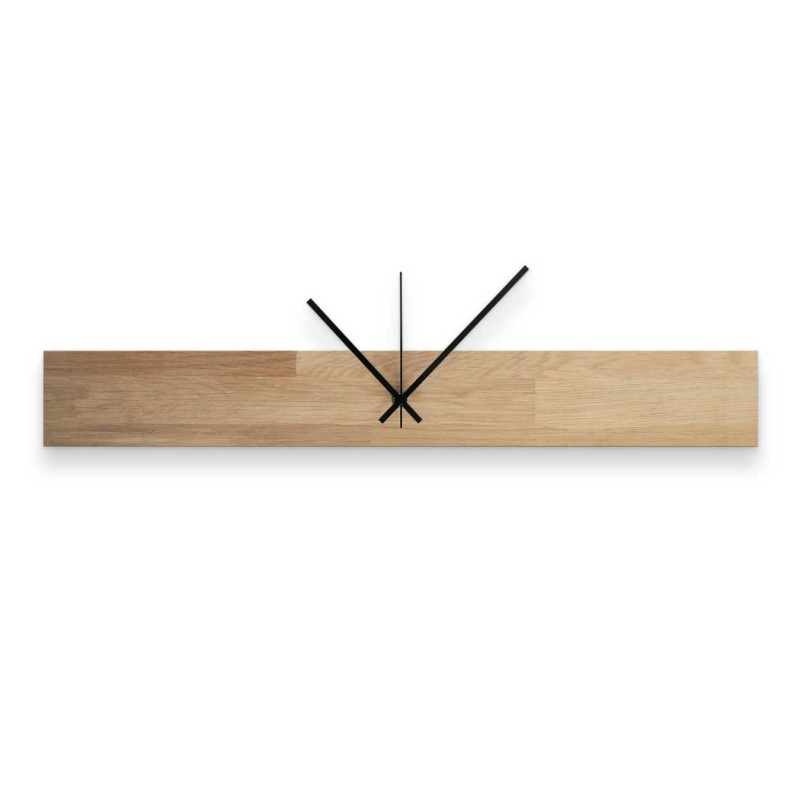 Wooden wall clock with a narrow rectangular shape and black hands