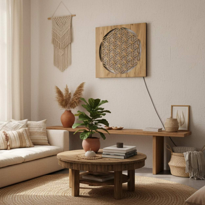 Backlit wooden painting Flower of Life – LED mandala wall decoration | MONEN