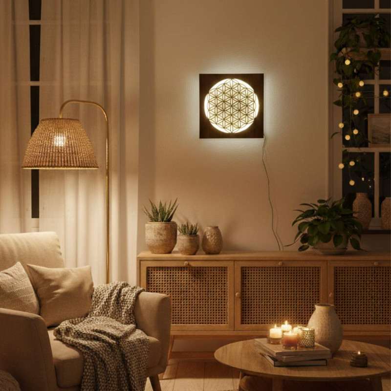 Backlit wooden mandala - interior decoration, relaxing light and hand-carved ornament.