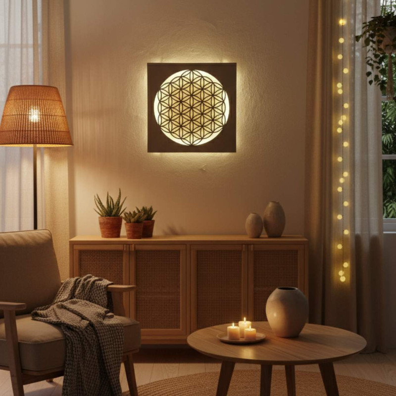 Backlit wooden mandala - interior decoration, relaxing light and hand-carved ornament.