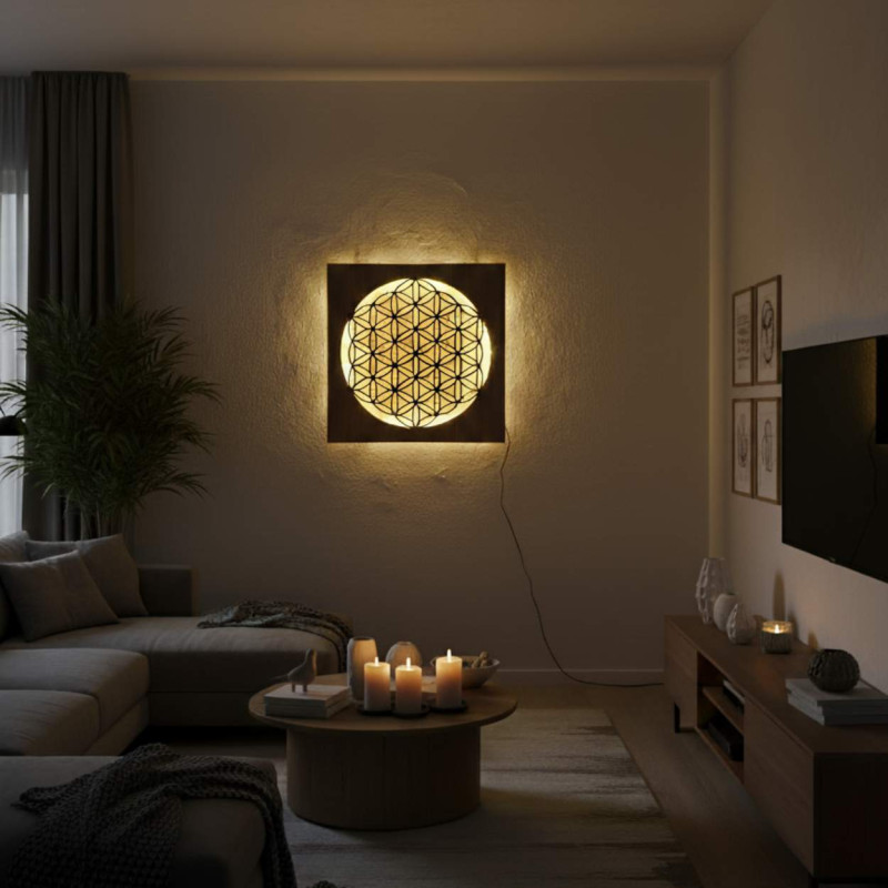 Backlit wooden mandala - interior decoration, relaxing light and hand-carved ornament.