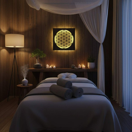 Backlit wooden mandala - interior decoration, relaxing light and hand-carved ornament.