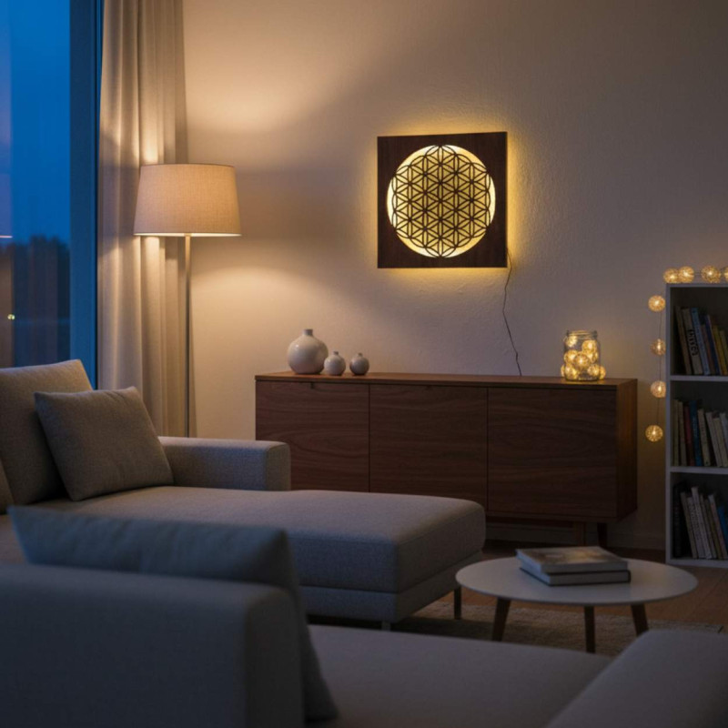 Backlit wooden mandala - interior decoration, relaxing light and hand-carved ornament.