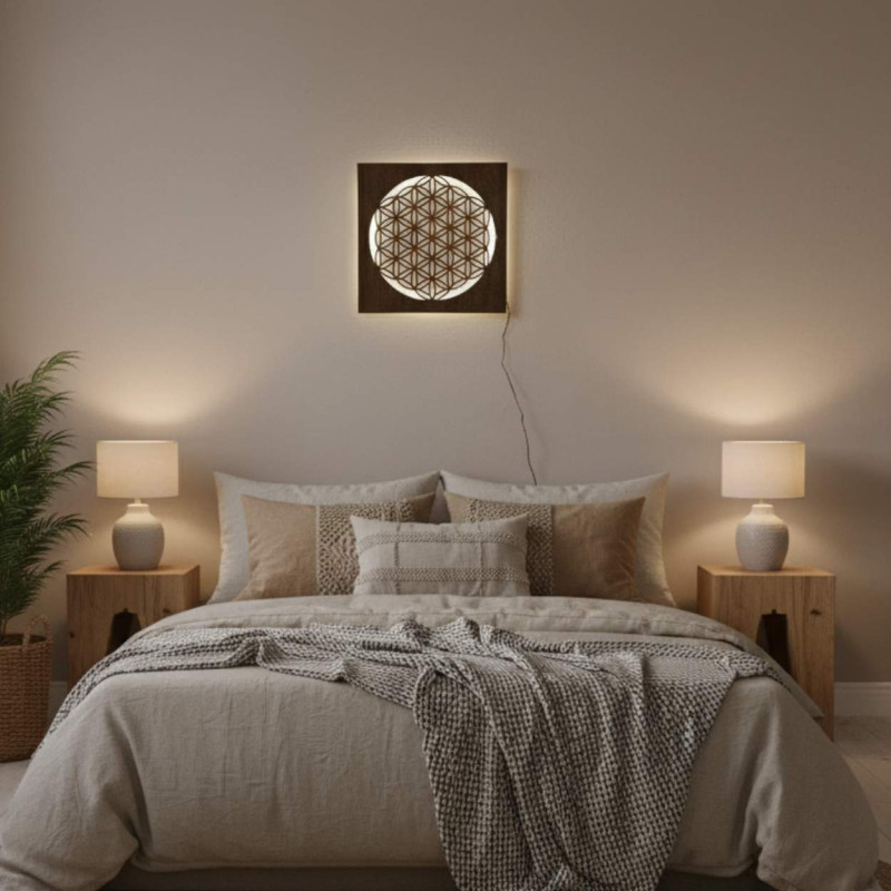 Backlit wooden mandala - interior decoration, relaxing light and hand-carved ornament.
