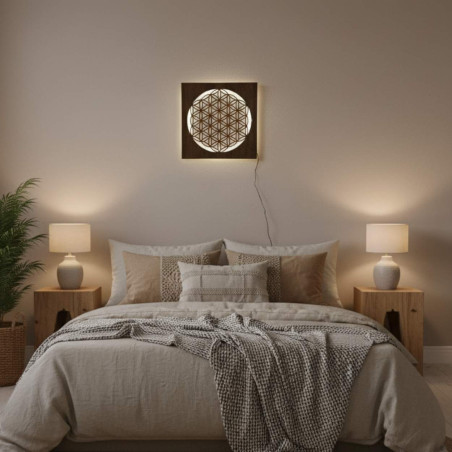 Backlit wooden mandala - interior decoration, relaxing light and hand-carved ornament.