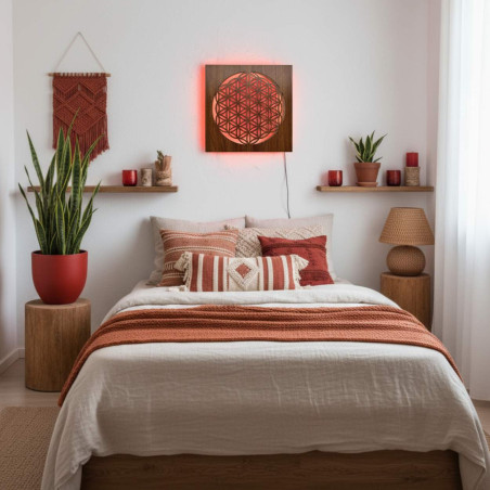Backlit wooden mandala - interior decoration, relaxing light and hand-carved ornament.