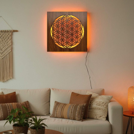 Backlit wooden mandala - interior decoration, relaxing light and hand-carved ornament.