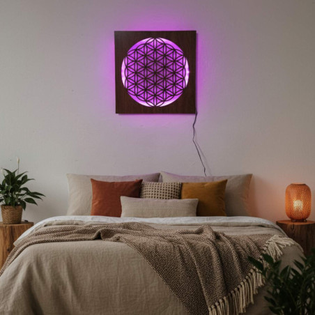 Backlit wooden mandala - interior decoration, relaxing light and hand-carved ornament.