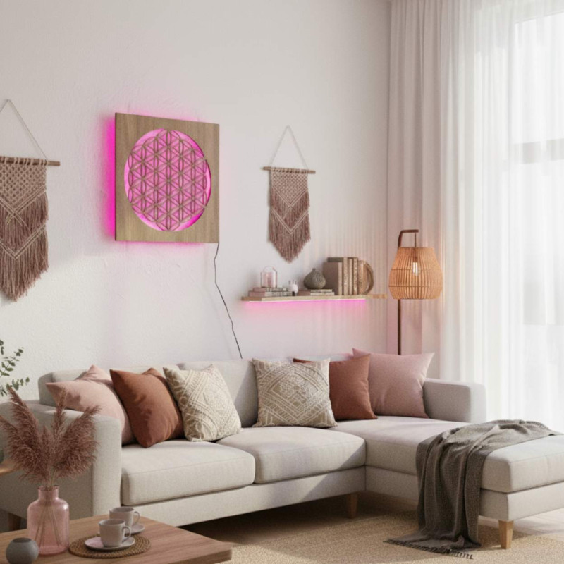 Backlit wooden mandala - interior decoration, relaxing light and hand-carved ornament.