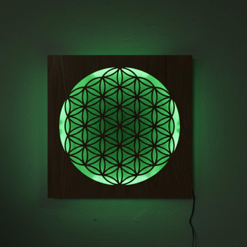 Backlit wooden mandala - interior decoration, relaxing light and hand-carved ornament.