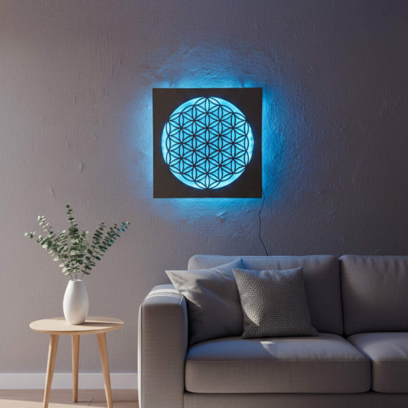 Backlit wooden mandala - interior decoration, relaxing light and hand-carved ornament.