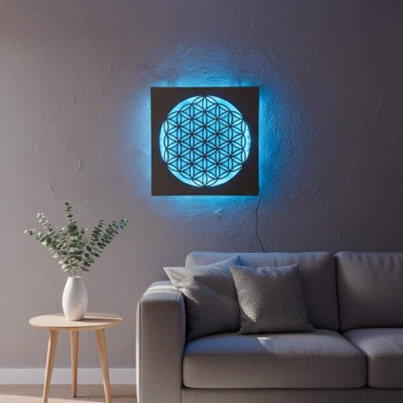 Backlit wooden mandala - interior decoration, relaxing light and hand-carved ornament.