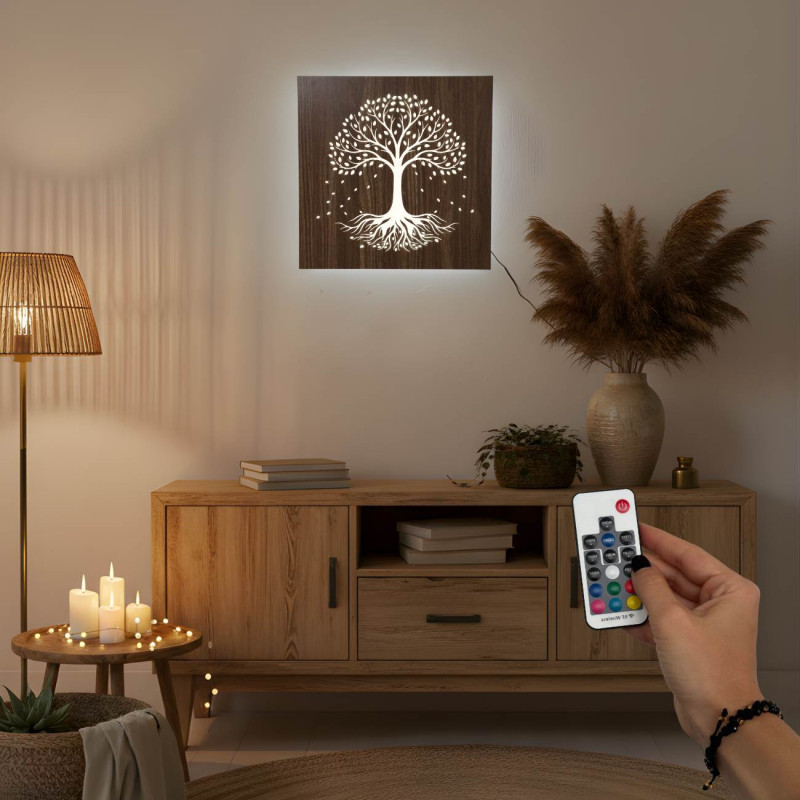 LED wooden picture Tree of Life with colorful RGB backlight
