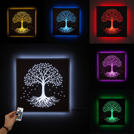 LED wooden picture Tree of Life with colorful RGB backlight