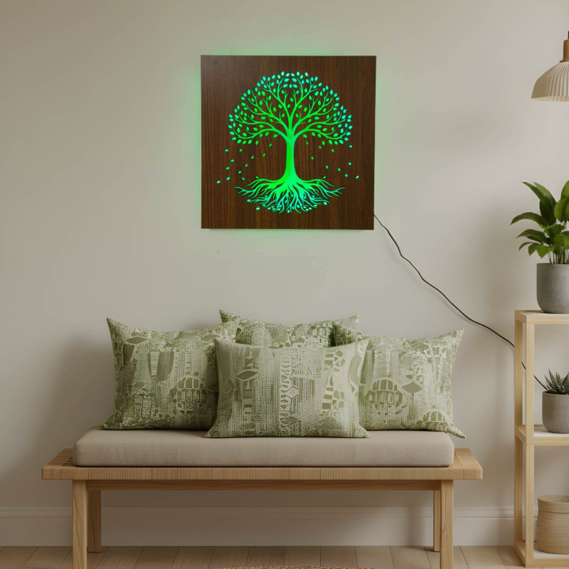 LED wall art with the Tree of Life symbol in different colors
