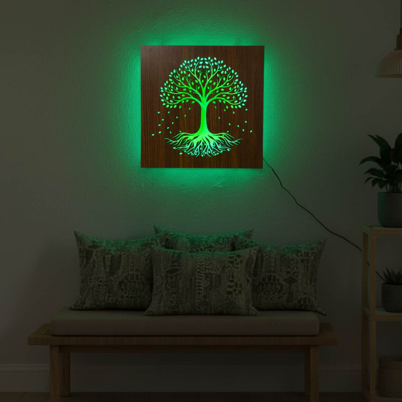 LED wall art with the Tree of Life symbol in different colors