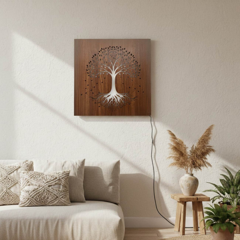 LED wall art with the Tree of Life symbol in different colors