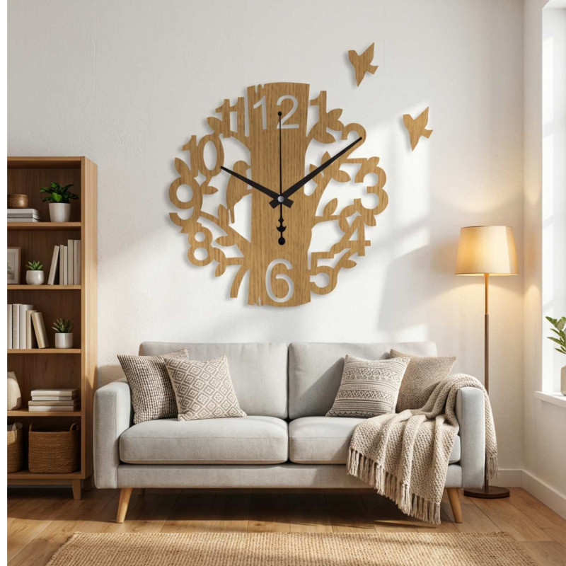 Wooden wall clock Tree of Life with bird - HELFERN
