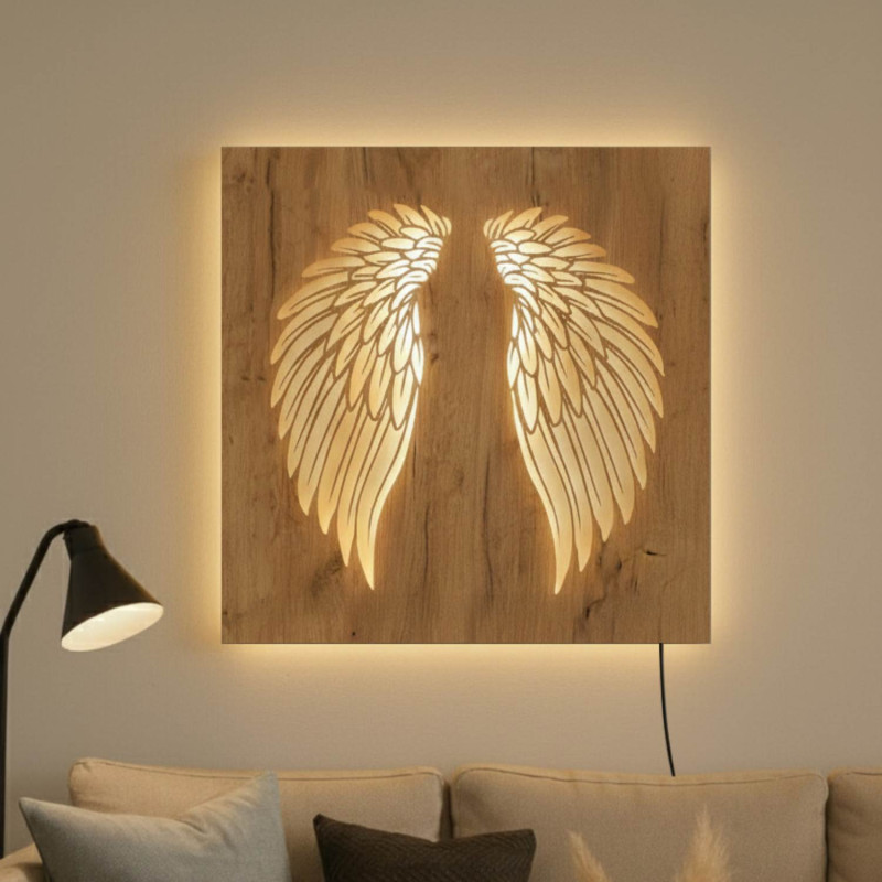 Wooden backlit LED picture – Angel wings on the wall