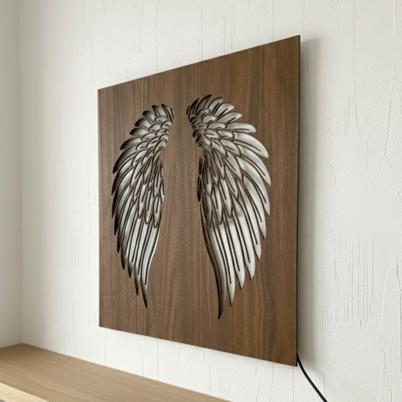 Wooden backlit LED picture – Angel wings on the wall