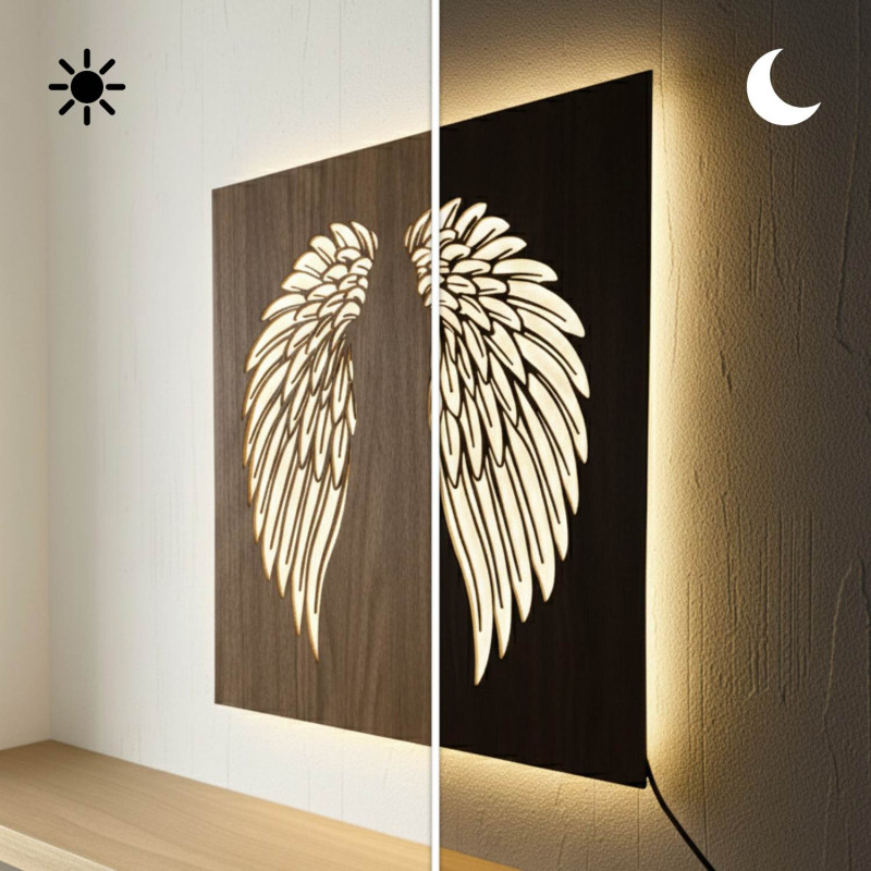 Wooden backlit LED picture - Angel wings on the...