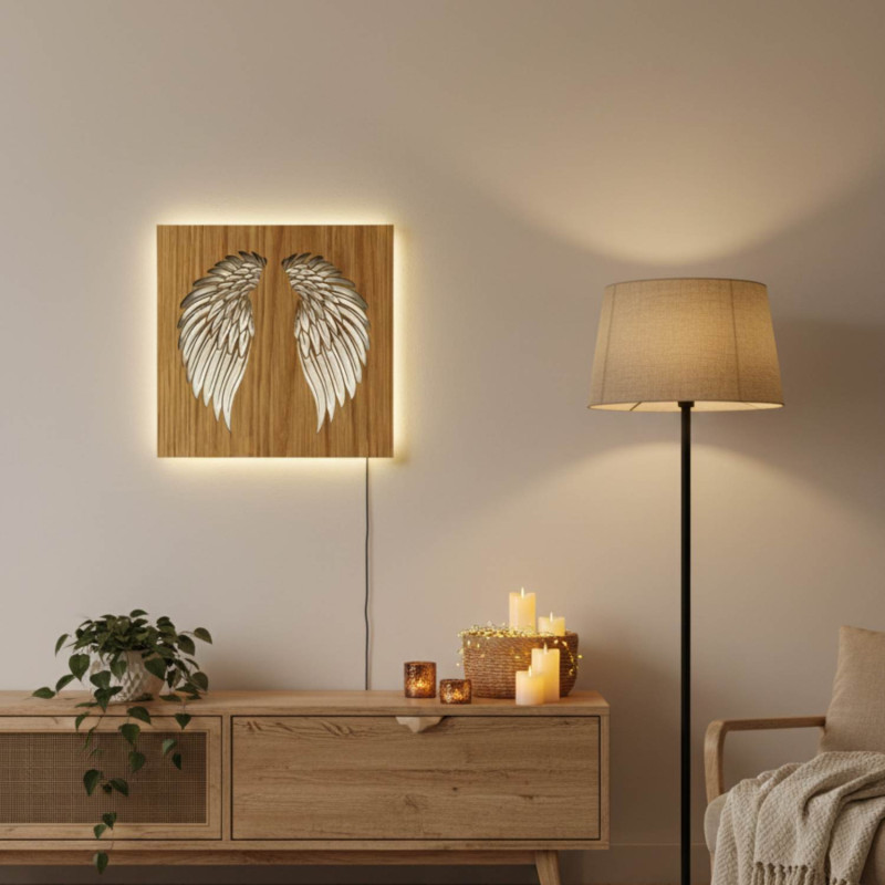 Wooden backlit LED picture - Angel wings on the...