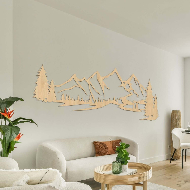 Wooden wall painting with a motif of mountains and dense forest