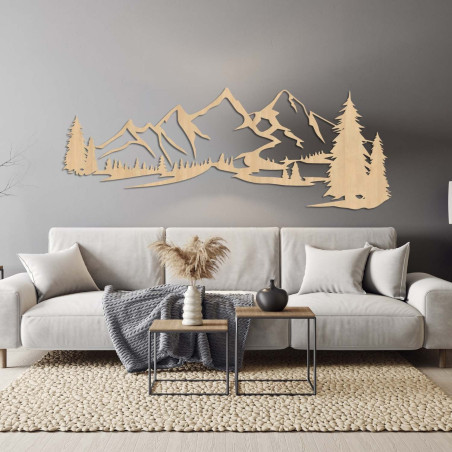 Wooden wall painting with a motif of mountains and dense forest