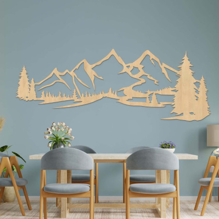 Wooden wall painting with a motif of mountains and dense forest