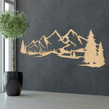 Wooden wall painting with a motif of mountains and dense forest