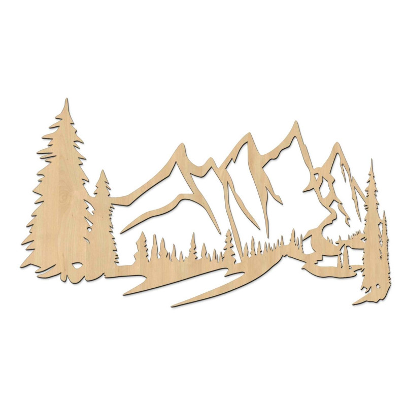 Wooden wall painting with a motif of mountains and dense forest