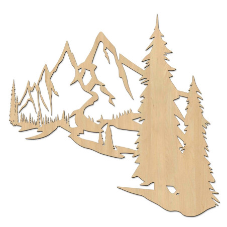 Wooden wall painting with a motif of mountains and dense forest