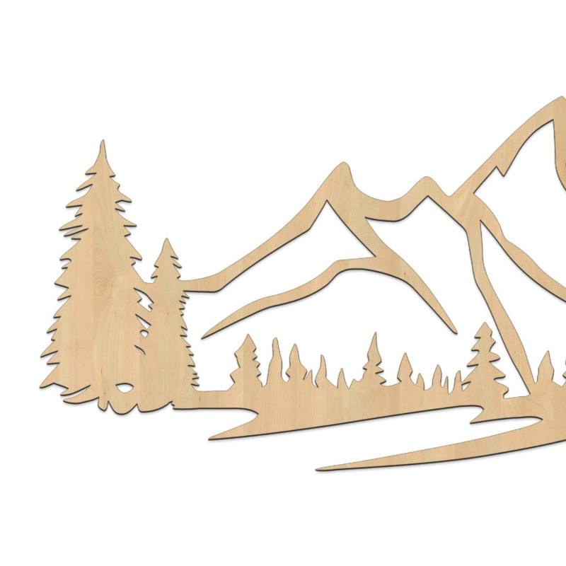 Wooden wall painting with a motif of mountains and dense forest