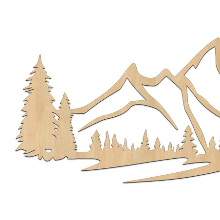 Wooden wall painting with a motif of mountains and dense forest