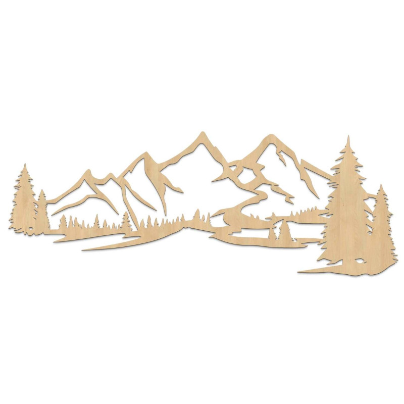 Wooden wall painting with a motif of mountains and dense forest