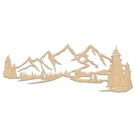 Wooden wall painting with a motif of mountains and dense forest