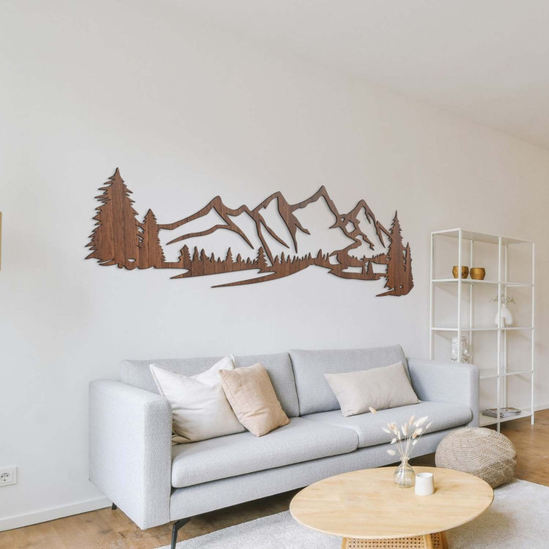 brown walnut painting, Wooden wall decoration - silhouette of mountains and trees in the forest